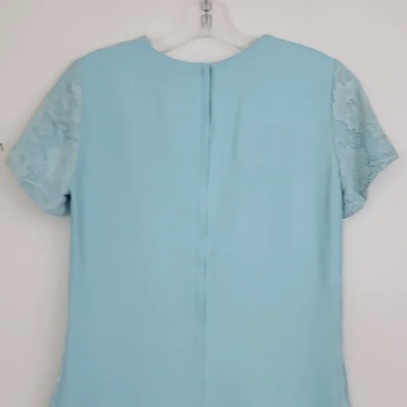 Vintage Blue & Lace Midi Short Sleeve Shift Dress By Jean Lang (Altered Waist) S - Picture 11 of 13